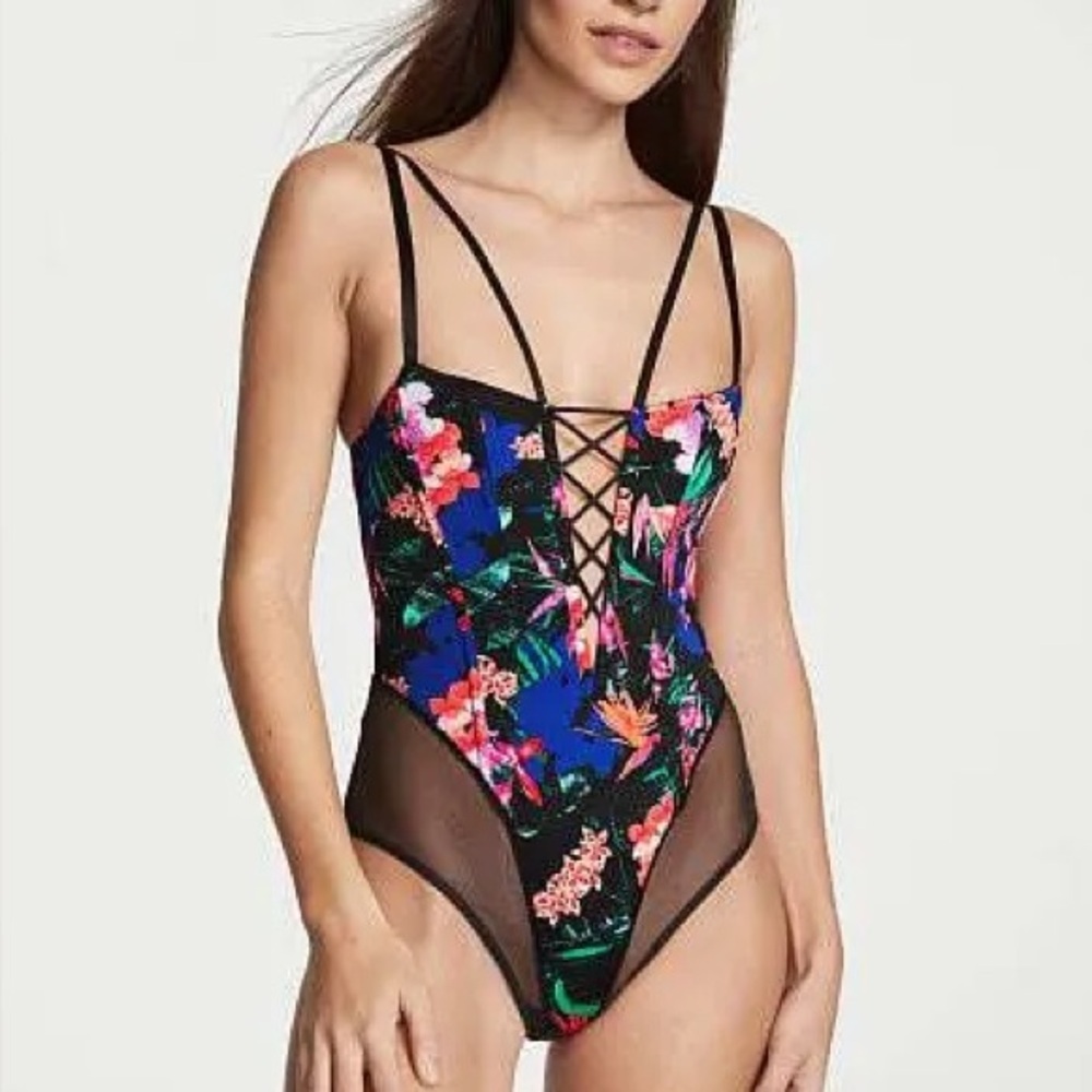 Victoria’s Secret Floral Strappy Lace-Up Bodysuit XL Boning
